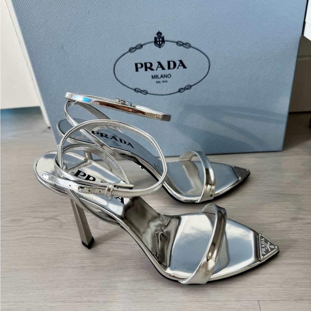 NEW Prada Metallic Leather High Heel Sandals in Silver